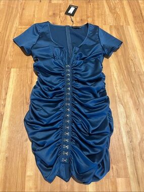 PrettyLittleThing Blue/Teal Ruched Hook-&-Eye Mini Dress